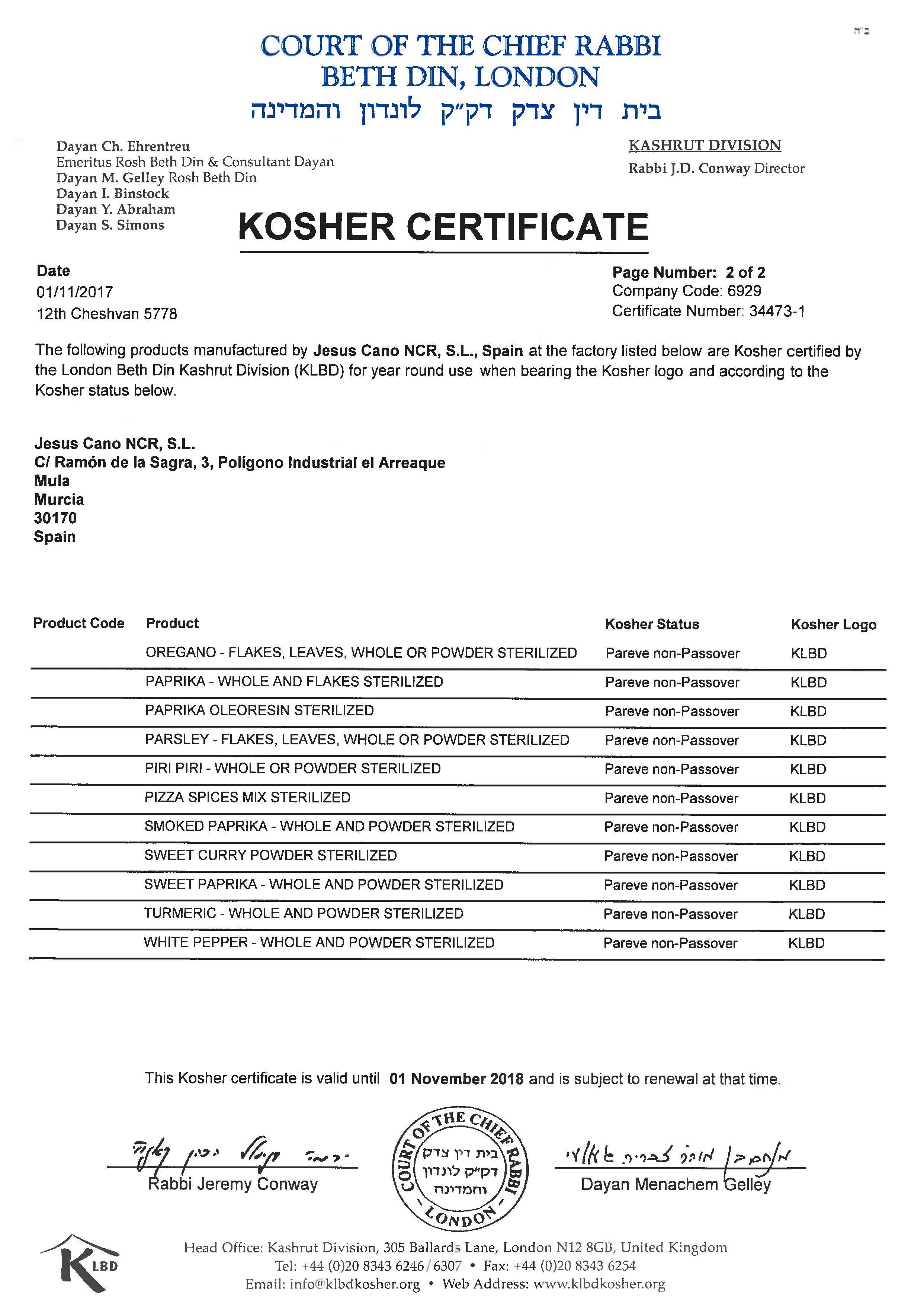Jesus Cano. Certificado Kosher 34473
